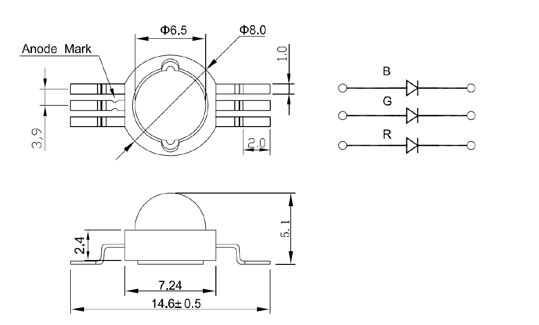 yuqori quvvatli RGB led o'lchami